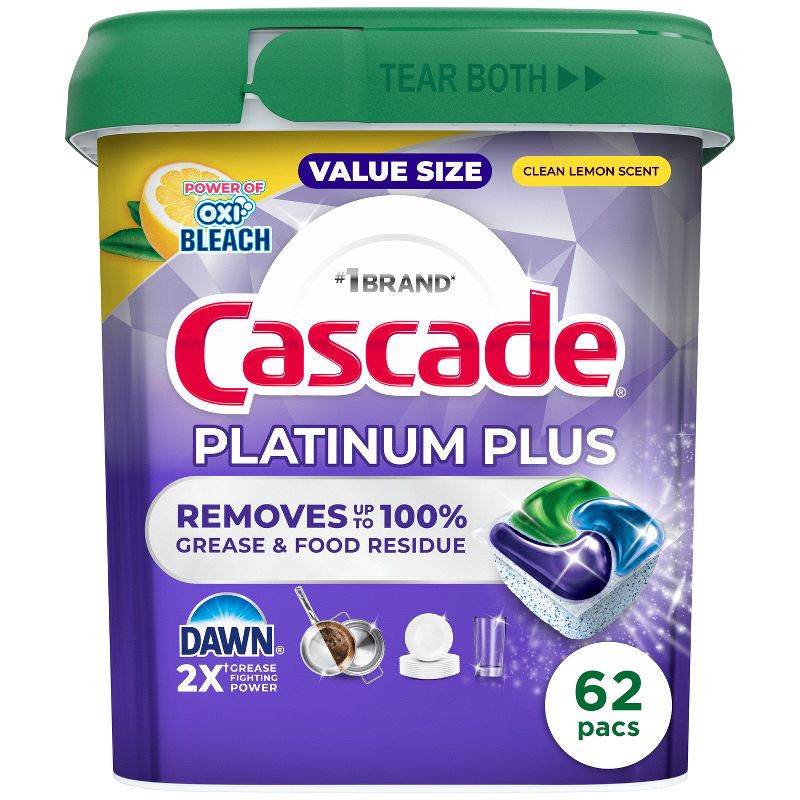 slide 1 of 11, Cascade Lemon Platinum Plus Action Pacs Power of Bleach Clean Dishwasher Detergents - 62ct, 62 ct