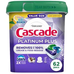 Cascade Lemon Platinum Plus Action Pacs Power of Bleach Clean Dishwasher Detergents - 62ct