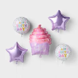 5ct Cupcake Happy Birthday Foil Balloon Bundle Pink/Purple - Spritz™