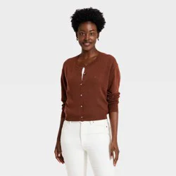 Women's Button-Up Pointelle Cardigan - A New Day™ Brown XS