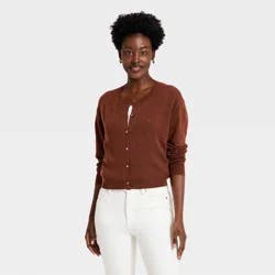 Women's Button-Up Pointelle Cardigan - A New Day™ Brown S