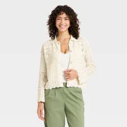 Women's Collared Crochet Cardigan - A New Day™ Cream S