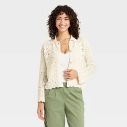 Women's Collared Crochet Cardigan - A New Day™ Cream L