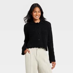 Women's Collared Crochet Cardigan - A New Day™ Black XL