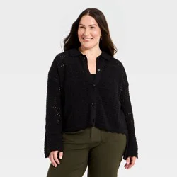 Women's Collared Crochet Cardigan - A New Day™ Black XXL