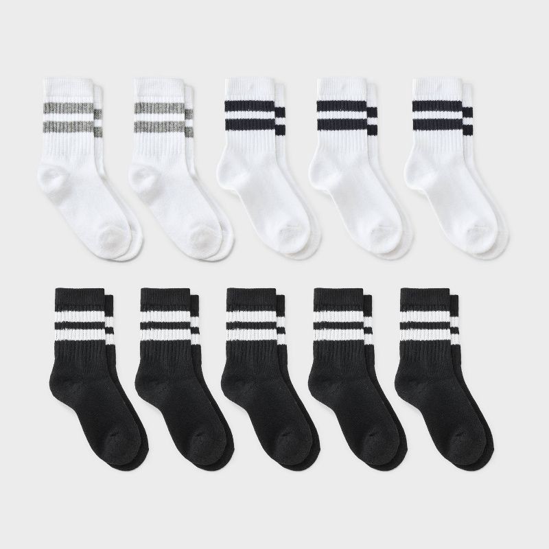 slide 1 of 3, Boys' 10pk Varsity Striped Crew Socks - Cat & Jack™ Black/White S, 10 ct