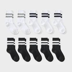 Boys' 10pk Varsity Striped Crew Socks - Cat & Jack™ Black/White S