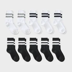Boys' 10pk Varsity Striped Crew Socks - Cat & Jack™ Black/White M