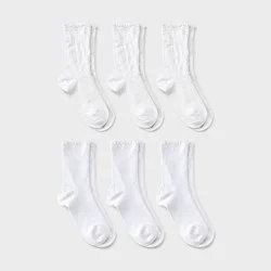Girls' 6pk Pointelle Lettuce Edge Crew Dress Socks - Cat & Jack™ Bright White M