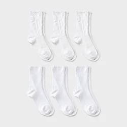 Girls' 6pk Pointelle Lettuce Edge Crew Dress Socks - Cat & Jack™ Bright White M