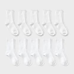 Girls' 10pk Casual Crew Lettuce Edge Socks - Cat & Jack™ Bright White M