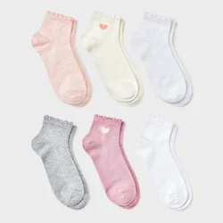 Girls' 6pk Heart Printed Pointelle Lettuce Edge Ankle Socks - art class™ S