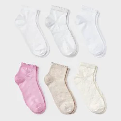 Girls' 6pk Textured Floral Pointelle Lettuce Edge Ankle Socks - art class™ White/Pink/Cream S