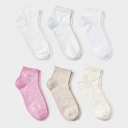 Girls' 6pk Textured Floral Pointelle Lettuce Edge Ankle Socks - art class™ White/Pink/Cream M