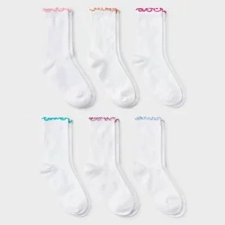 Girls' 6pk Lettuce Edge Crew Socks - art class™ White M