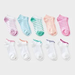 Girls' 10pk Lettuce Edge Striped Low Cut Socks - Cat & Jack™ Assorted Colors S