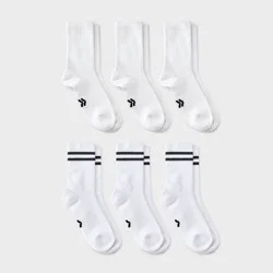Boys' 6pk Varsity Striped Arch Support Cushioned Crew Socks - All In Motion™ Bright White L