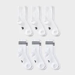 Boys' 6pk Varsity Striped Arch Support Cushioned Crew Socks - All In Motion™ Bright White L