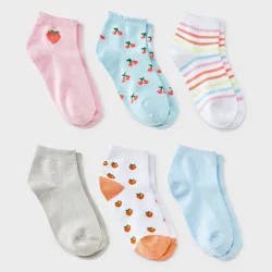 Girls' 6pk Striped Fruits Super Soft Ankle Socks - Cat & Jack™ Pink/Blue/White S