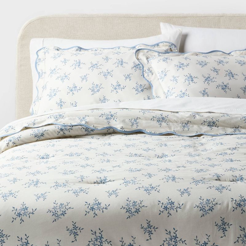 slide 1 of 5, Full/Queen Floral Scallop Comforter and Sham Set Blue for Dorm - Threshold™, 1 ct