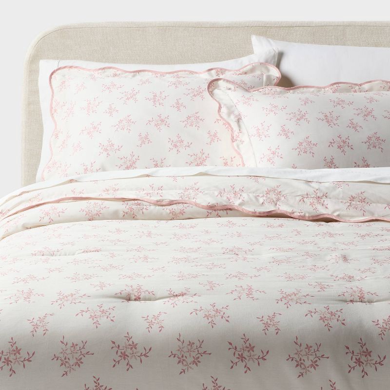 slide 1 of 5, Full/Queen Floral Scallop Comforter and Sham Set Pink for Dorm - Threshold™, 1 ct