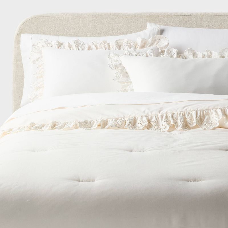 slide 1 of 5, Full/Queen Eyelet Comforter and Sham Set Ivory for Dorm - Threshold™, 1 ct