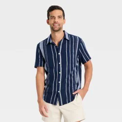 Men's Short Sleeve Camp Shirt - Goodfellow & Co™ Navy Blue Striped S