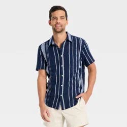 Men's Short Sleeve Camp Shirt - Goodfellow & Co™ Navy Blue Striped S