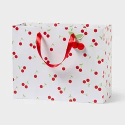Medium Cherries Birthday Gift Bag with Pom Pom Tag White/Red - Spritz™
