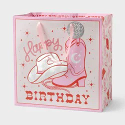 Large Square Cowgirl 'Happy Birthday' Gift Bag With Foil Tag White/Pink - Spritz™