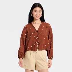 Women's Balloon Long Sleeve Tie-Front Blouse - A New Day™ Brown Polka Dots S