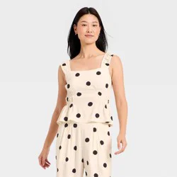 Women's Ruched Printed Linen Top - A New Day™ Off-White Polka Dots XS