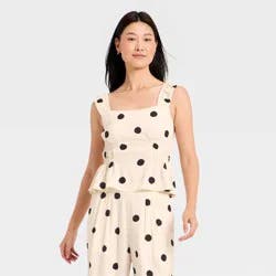 Women's Ruched Printed Linen Top - A New Day™ Off-White Polka Dots XS