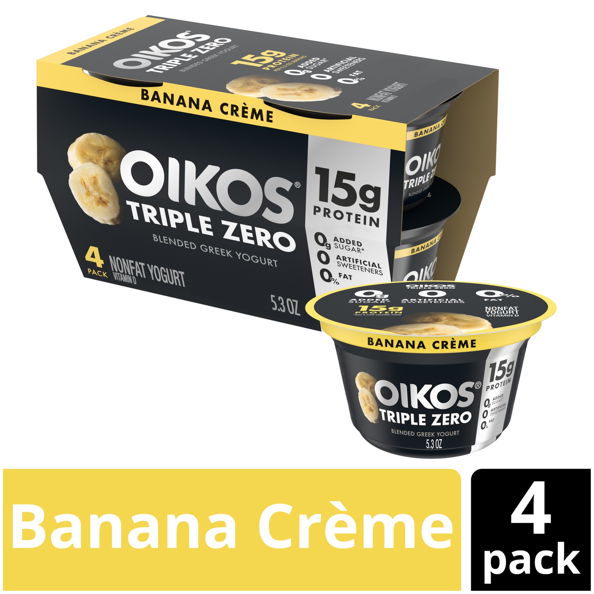 slide 1 of 7, Oikos Triple Zero Banana Crème Greek Yogurt Cups, 4 ct; 5.3 oz