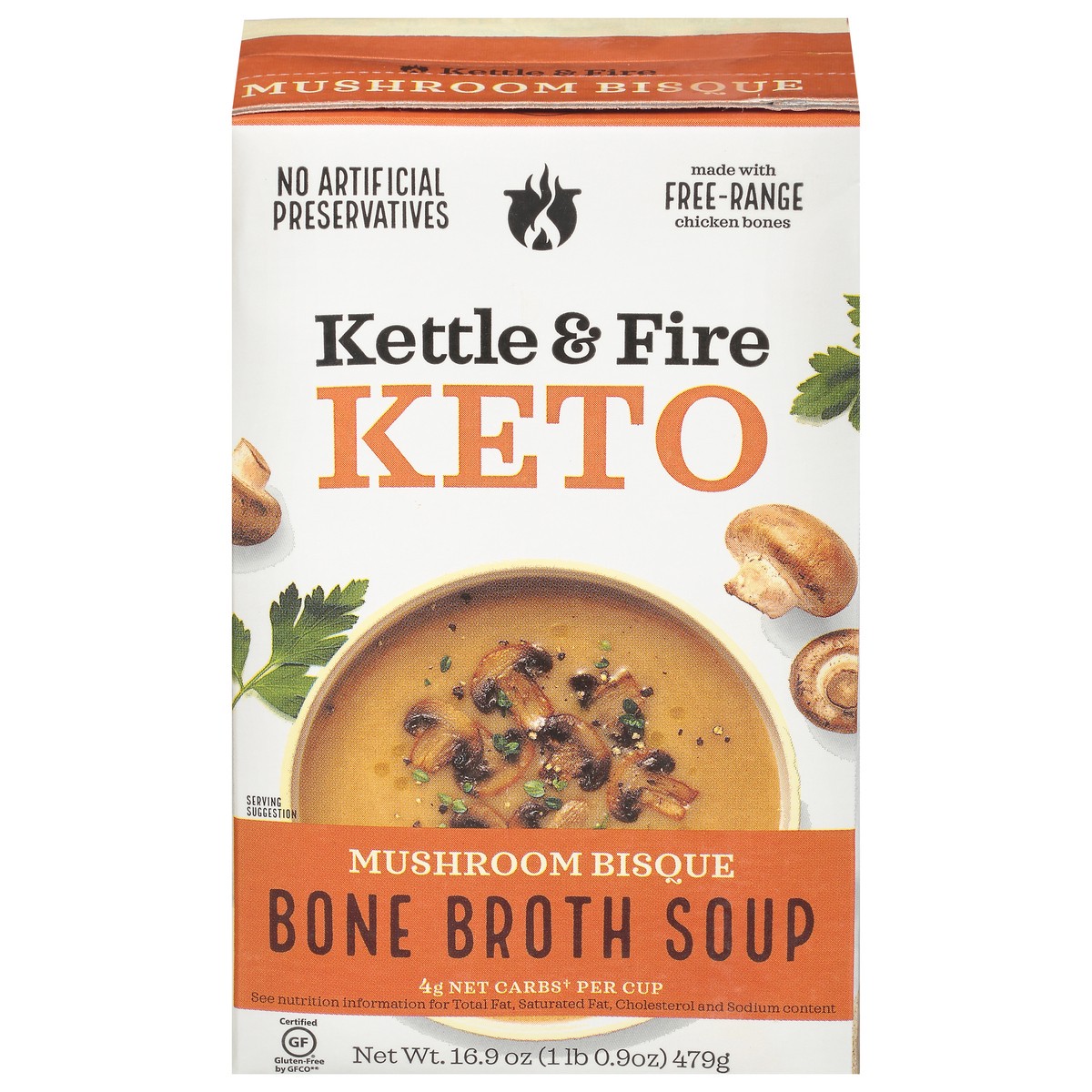 slide 1 of 14, Kettle & Fire Mushroom Bisque Soup with Chicken Bone Broth, 16.9 oz