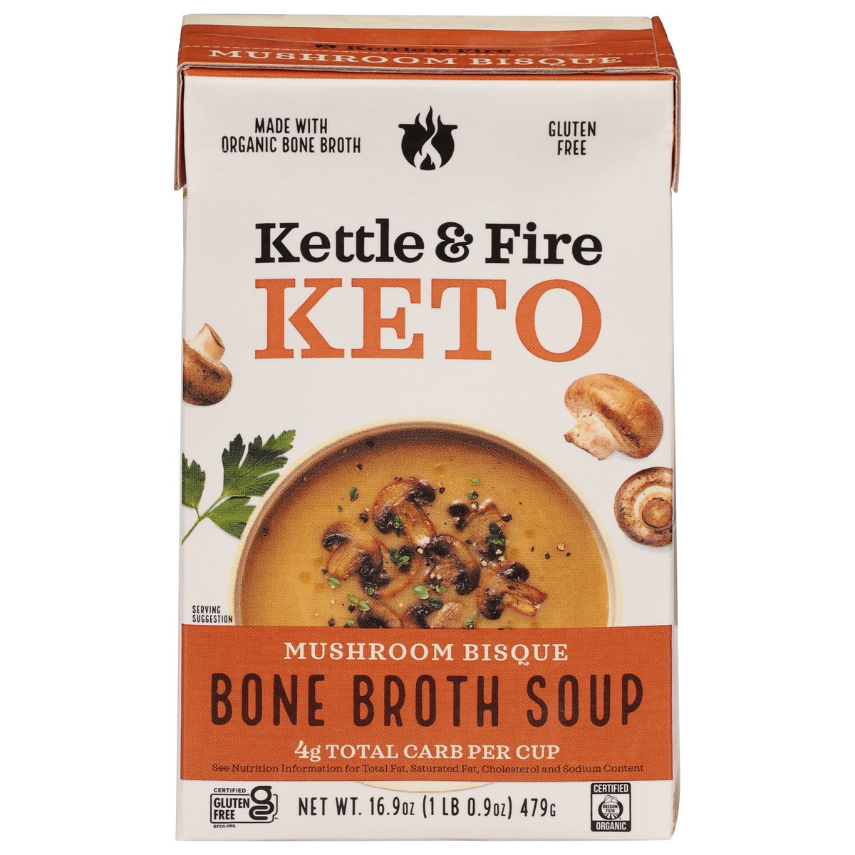 slide 1 of 14, Kettle & Fire Mushroom Bisque Soup with Chicken Bone Broth, 16.9 oz