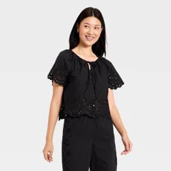 Women's Short Sleeve V-Neck Button-Front Eyelet Blouse - A New Day™ Black S