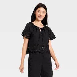 Women's Short Sleeve V-Neck Button-Front Eyelet Blouse - A New Day™ Black M