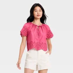 Women's Short Sleeve V-Neck Button-Front Eyelet Blouse - A New Day™ Pink S
