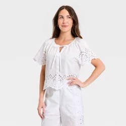 Women's Short Sleeve V-Neck Button-Front Eyelet Blouse - A New Day™ White M