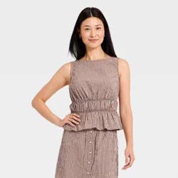 Women's Seersucker Peplum Top - A New Day™ Brown Gingham S