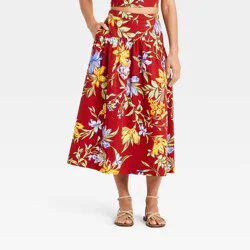 Women's Resort Poplin Drop Waist Midi Skirt - A New Day™ Dark Red Floral S