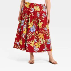 Women's Resort Poplin Drop Waist Midi Skirt - A New Day™ Dark Red Floral XXL
