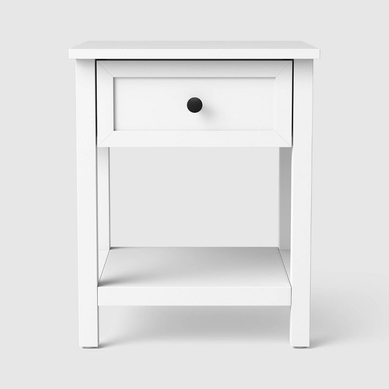 slide 1 of 5, Room Essentials Traditional Side Table with Storage Drawer Classic White - Fully Assembled, 1 ct