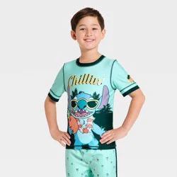 Disney Boys' Stitch Rash Guard Swimsuit Tops - Aqua Blue 5-6