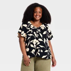 Women's Flutter Short Sleeve V-Neck Tie-Front Blouse - Ava & Viv™ Black/Cream Floral 1X