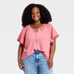 Women's Flutter Short Sleeve V-Neck Tie-Front Blouse - Ava & Viv™ Pink 2X