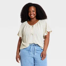 Women's Flutter Short Sleeve V-Neck Tie-Front Blouse - Ava & Viv™ Cream/Blue Striped 1X