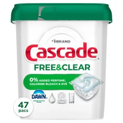 Cascade ActionPacs Free & Clear Dishwater Detergents - Unscented - 47ct: Plastic Tub, Removes Grease, Multi-Surface