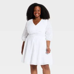 Women's Plus Balloon 3/4 Sleeve Button-Front Short Flare A-Line Dress - Ava & Viv™ White Eyelet 3X